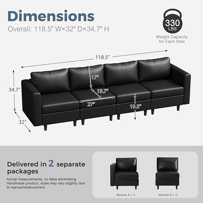 118.5" Faux Leather Modular Sectional Sofa with Storage Seat, Oversized 4 Seater Couch Deep Seat with Removable Cover Black-HomvellaHome