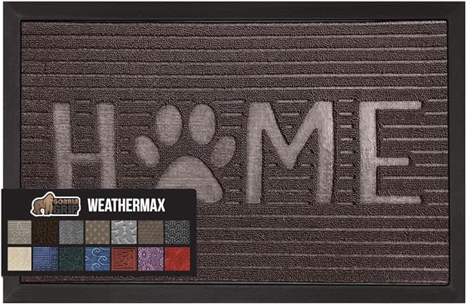 GORILLA GRIP 100% Waterproof All-Season WeatherMax Doormat, 47x35, US Designed Natural Rubber, Stain and Fade Resistant, Low Profile Indoor Outdoor Door Mats, Easy Clean Patio Mat, Espresso Home Paw-HomvellaHome