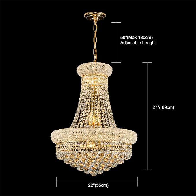12 - Light Unique Empire Crystal Chandelier for Foyer Entryway Living Room Dining Room Bedroom Entryway Gold Finish-HomvellaHome
