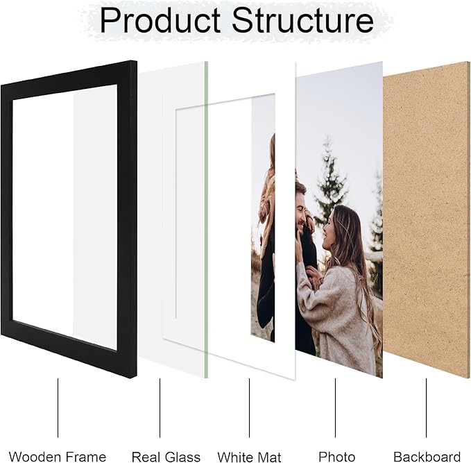 10x14 Picture Frame Set of 4, 10 x 14 Wood Photo Frames with Mat for 8x12 or 30x40cm Diamond Painting Art, Wooden Frame with Real Glass Cover for Wall and Tabletop Display,Black-HomvellaHome