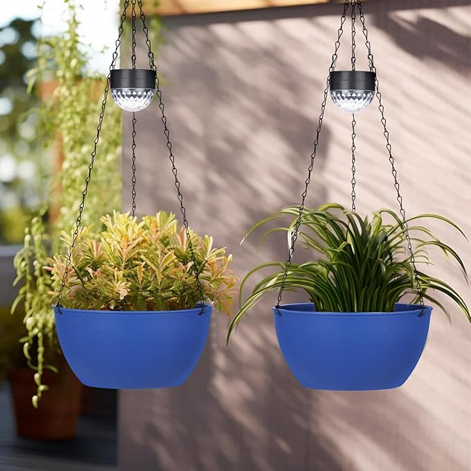 2 Packs Solar Hanging Basket Planters for Plants Outdoor, Self Watering Blue Flower Plants Pots with Solar Light Drainer for Balcony Patio Garden Outdoor Decoration-HomvellaHome
