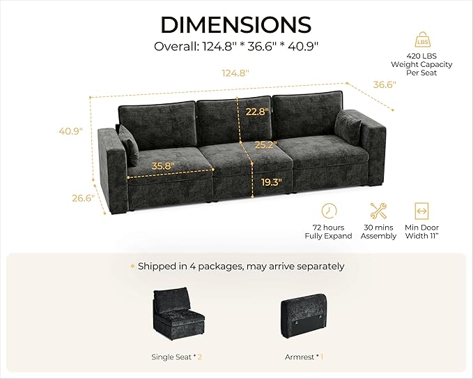 124.8'' Oversized Modular Sofa Comfy Cloud Couch with Storage, Extra Wide Sectional Sofa for Living Room, Covers Washable, 3-Seater, Chenille, Black-HomvellaHome