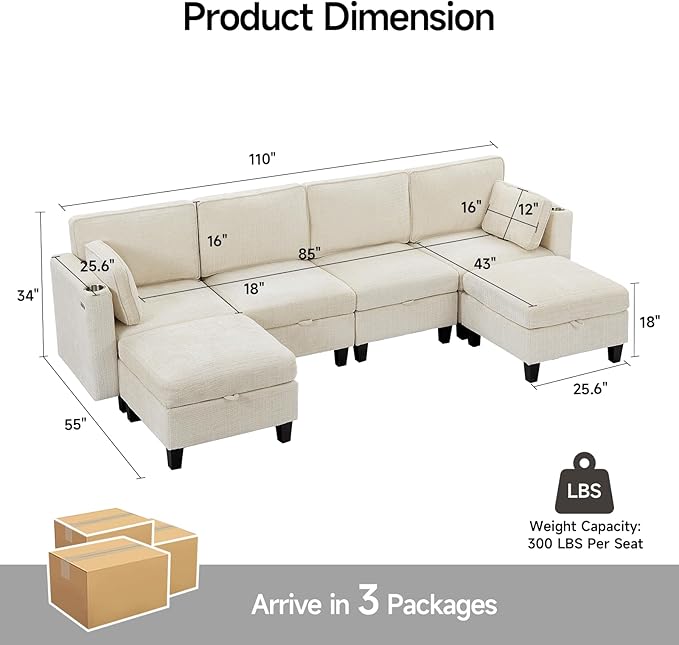 110" Modular Sectional Sofa, Convertible Sleeper Sofa Couch Bed with Adjustable Backrest, U-Shaped Chenille Cloud Couch with Ottoman Storage, Deep Seat Couches for Living Room,Beige-HomvellaHome