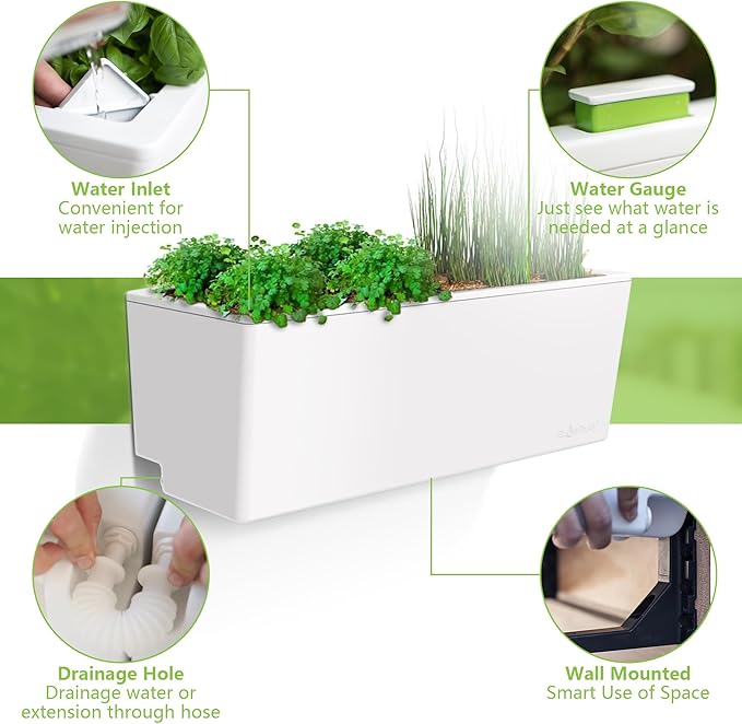 Glowpear Self Watering Planter Box - 23.6", White - UV Stable, Scalable Wall Mounts Plant Pot with Water Gauge, Indoor Outdoor for Vegetables, Flowers, Herbs, and Succulents, Gardening-HomvellaHome