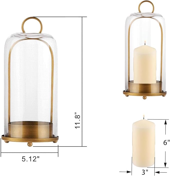 12" High Versatile Modern Metal Hurricane Lantern with Handmade Sturdy Glass Dome for 3" Pillar Candle & Plants (Brass, 5"x12")-HomvellaHome