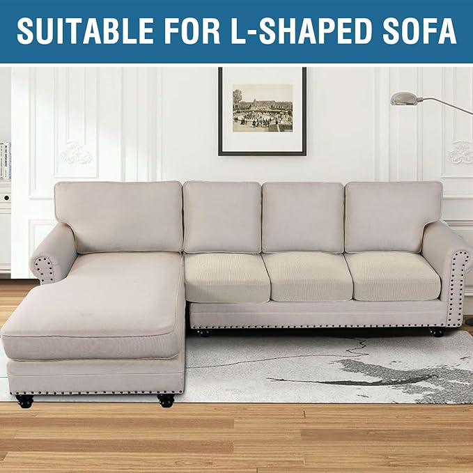 H.VERSAILTEX Super Stretch Individual Seat Cushion Cover Sofa Covers Couch Cushion Covers Slipcover Sets Thick Jacquard Textured Twill Fabric (3 Piece Sofa Cushion Covers, Natural)-HomvellaHome