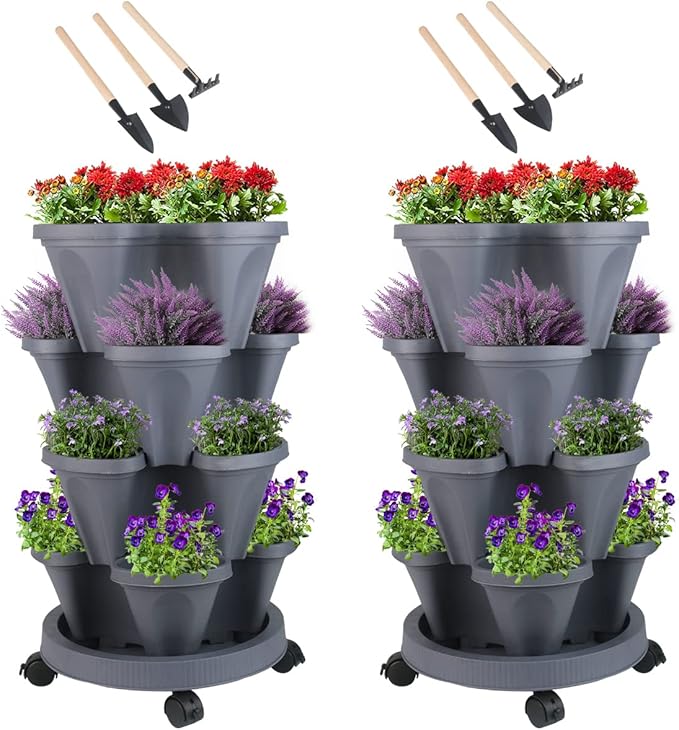 Vertical Planter 4 Tier Stackable Planters Garden Planters Strawberry Herb Flower and Vegetable Planter Indoor Outdoor Gardening Pots with Removable Wheels and Tools-HomvellaHome