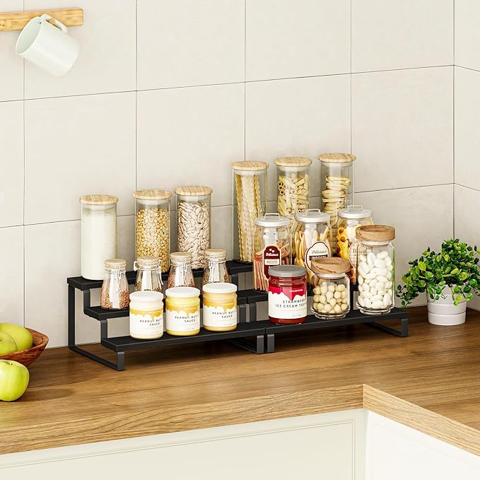 Giikin 3 Tier Spice Rack, Set of 2 Wooden Spice Rack for Countertop, Cabinet Organizer Shelf Kitchen Counter Storage Shelves Cupcake Stand Holder Display Stand, Black-HomvellaHome
