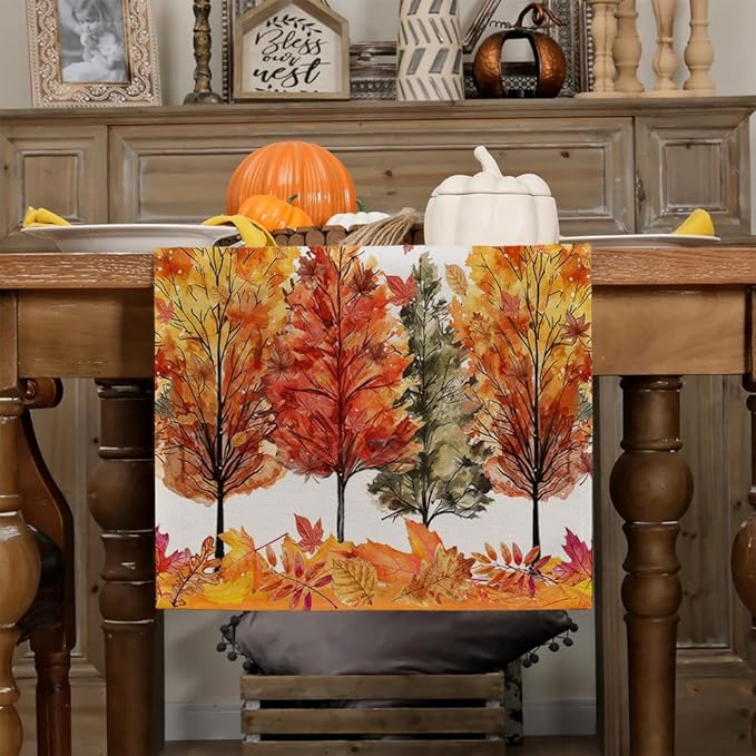 GEEORY Fall Watercolor Trees & Maple Leaves Table Runner 13x72 Inch, Rustic Farmhouse Autumn Thanksgiving Decor for Kitchen, Dining, Indoor/Outdoor Holiday Dinner Party Orange Red GT160-72-HomvellaHome