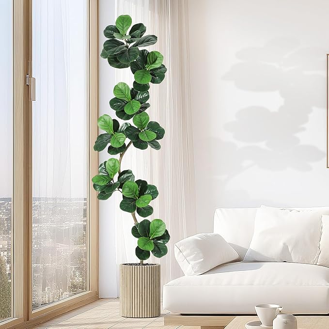 GarveeHome Fiddle Leaf Fig Artificial Tree with White Planter,7ft Faux Plants Indoor with Moss, Fake Rubber Tall Fake Floor Plant in Pot - Artificial Trees for Home Office Living Room Decor-HomvellaHome