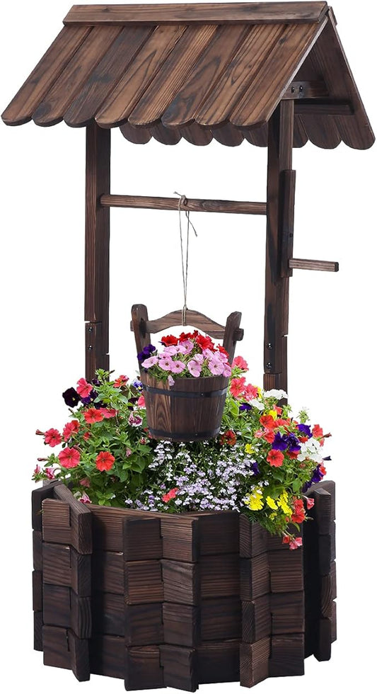 Garden Wooden Decor Rustic Wishing Well Planter Outdoor Home Décor for Patio, Upgrade Wishing Well Garden, Yard Hanging Bucket Patio Lawn Backyard Home Decor-HomvellaHome