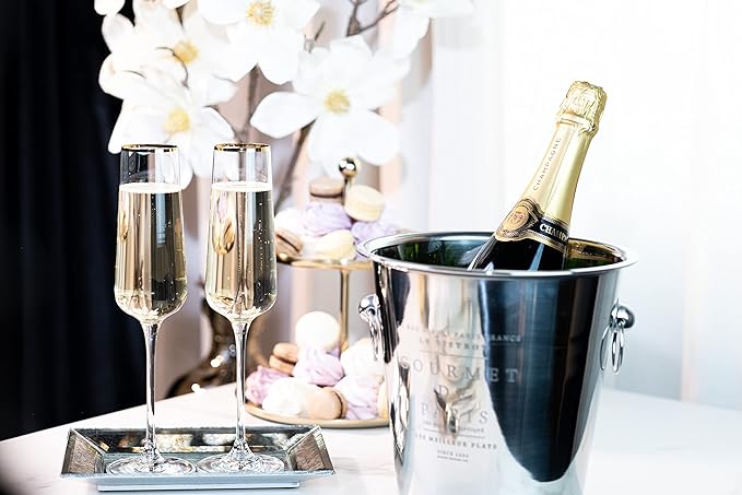 Gold Rim Champagne Gift Glasses | Set of 2 | Crystal Square Toasting Flutes for Bride and Groom, Wedding, Anniversary, Birthday | Elegant Long Stemmed Glassware for Sparkling Wine, Prosecco-HomvellaHome