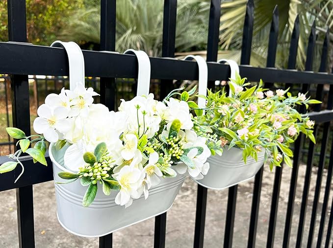 10" Hanging Flower Pots, Pack of 2 White Metal Outdoor Patio Balcony Planter, Railing Planters Fence Pot with Detachable Hook & Drainage Hole for Small Plants (White, 2Pcs)-HomvellaHome
