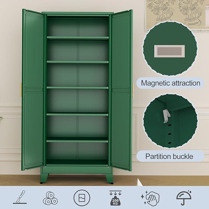 Green Metal Storage Cabinet,75" Steel Cabinets for Home Office, Kitchen Pantry Storage Cabinet with Doors and 5 Adjustable Shelves, Tool Cabinets, for Office, Home, Garage, School-HomvellaHome