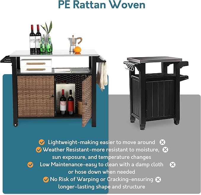 Grill Cart Outdoor with Wheels, Outdoor Prep Table with Wicker Storage and Rolling Wheels, Kitchen Island Serving Cart with Stainless Steel Table Top for BBQ, Porch, Patio, Brown-HomvellaHome