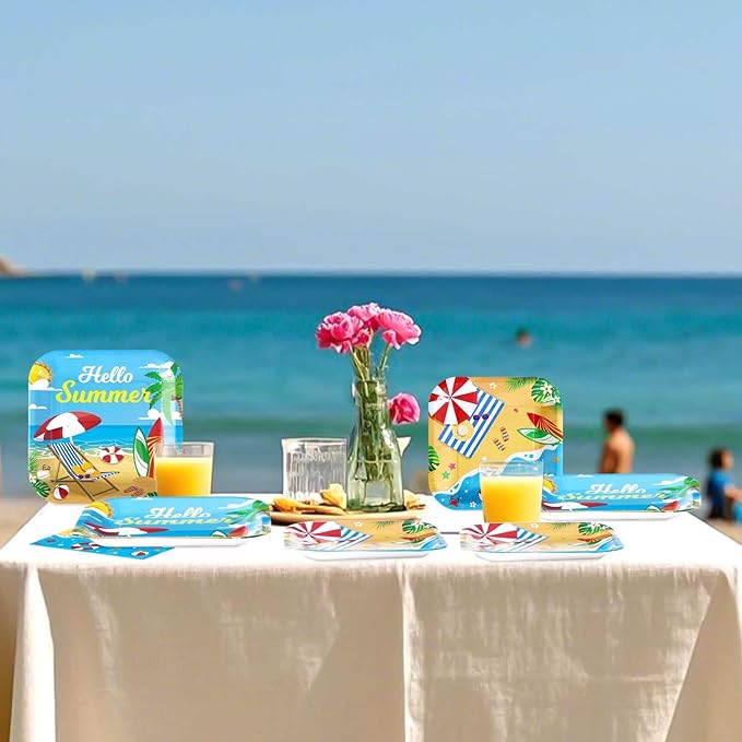 Grencian 200Pcs Beach Party Supplies Hello Summer Party Plates and Napkins Disposable Summer Pool Paper Tableware Set for Hawaiian Beach Pool Birthday Baby Showe Decorations, Serves 50-HomvellaHome