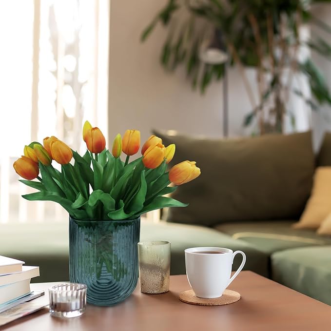 15pcs Artificial Tulips Flowers, Fake Tulips Real Touch, Faux Latex Bouquets, for Party Wedding Home Room Decoration (Orange)-HomvellaHome