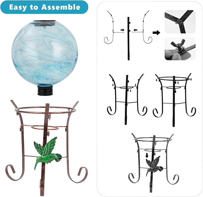 10 Inch Solar Glass Gazing Ball, with 9.4" Tall Metal Gazing Globe Stand, Solar Ball Lights Display Holder Set for Outdoor Garden Lawn Yard Decoration, Blue Water Ripple-HomvellaHome