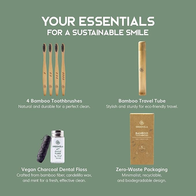 Greenzla Bamboo Toothbrushes, Wooden Toothbrush Set with Soft Bristles, Includes Travel Case and Charcoal Dental Floss, 4 Pack-HomvellaHome