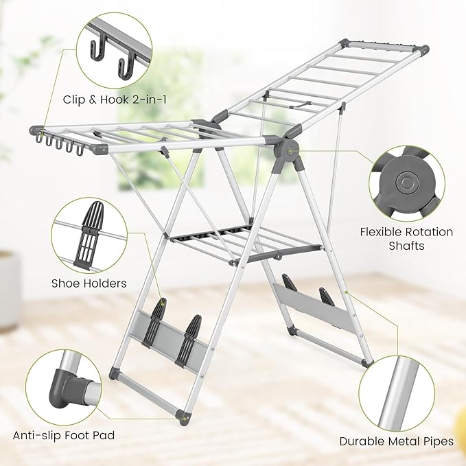 Giantex Clothes Drying Rack, 2-Layer Aluminum Foldable Laundry Drying Rack with 5-Level Adjustable Height, 21 Drying Rails, 10 Side Clips, 4 Shoe Holders, Space Saving Collapsible Laundry Drying Rack-HomvellaHome