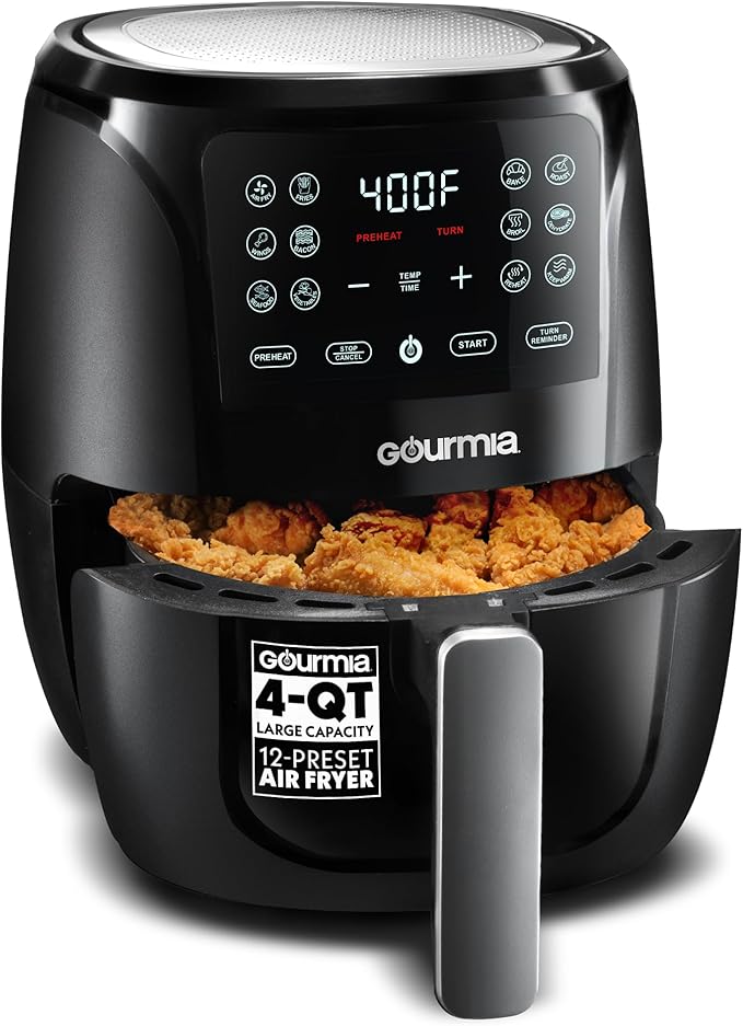Gourmia Air Fryer Oven Digital Display 4 Quart Large AirFryer Cooker 12 1-Touch Cooking Presets, Black and Stainless Steel Accents Fry Force GAF486-HomvellaHome