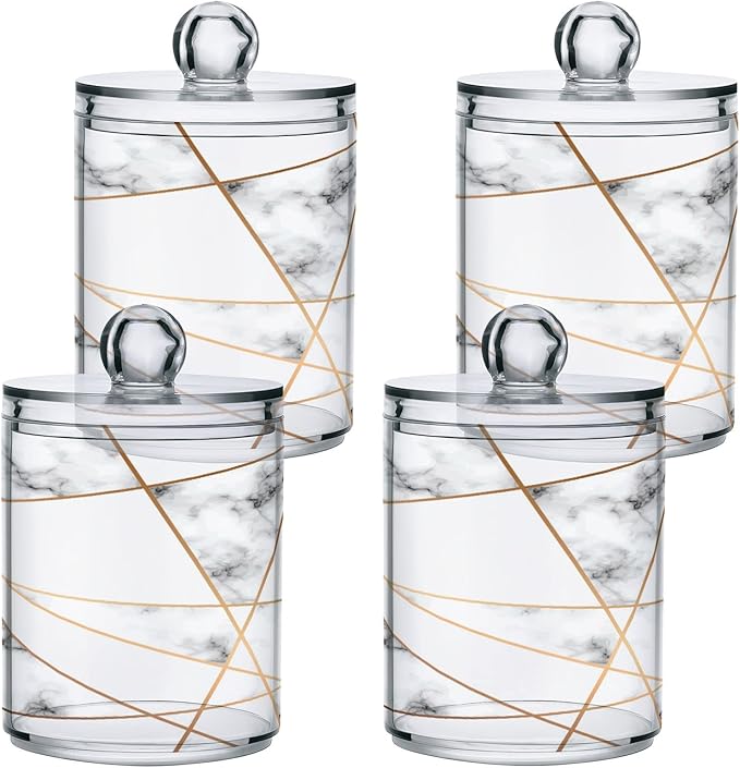 2 Pack Qtip Holder Dispenser White Marble Gold Line Bathroom Storage Canister Lid Acrylic Plastic Apothecary Jar Set Vanity Makeup Organizer for Cotton Swabs/Pads/Floss-HomvellaHome