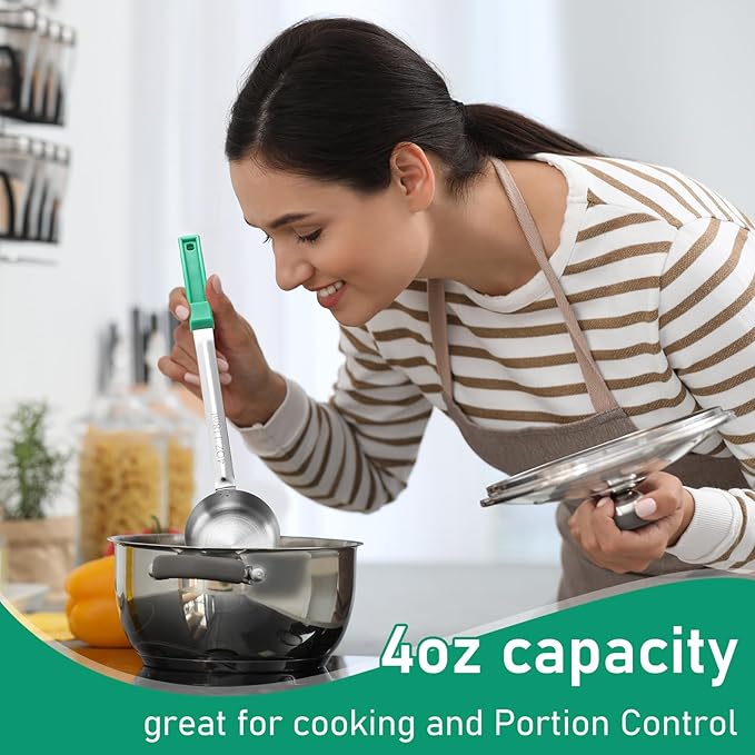 16 Pcs Portion Control Serving Spoons, Restaurant Measuring Serving Ladle Utensils, Portion Control Slotted Scoops for Weight Loss, Solid and Perforated Scoops(Green,4 oz)-HomvellaHome