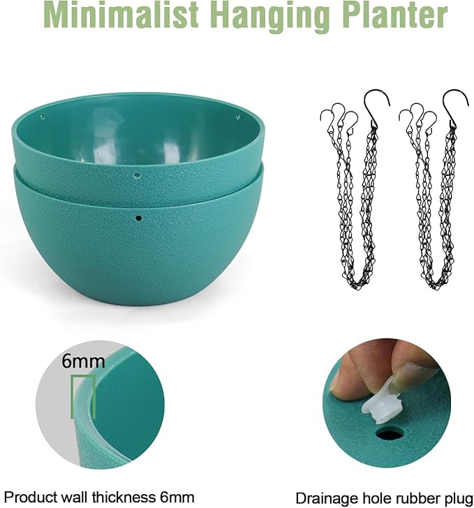 12 inch Large Hanging Planters for Indoor Outdoor Plants, 2 Pack Hanging Flower Plant Pots with Drainage Holes and Chain for Garden Porch, Plastic Hanging Baskets for House Plants, Blue Green-HomvellaHome