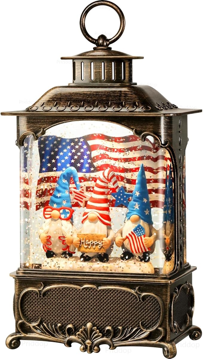 Gnome Snow Globe Lantern 4th of July Decorations with Timer, USB and Battery Powered 4th of July Shirts Patriotic Gnomes and American Flag Independence Day 10.2 inch-HomvellaHome