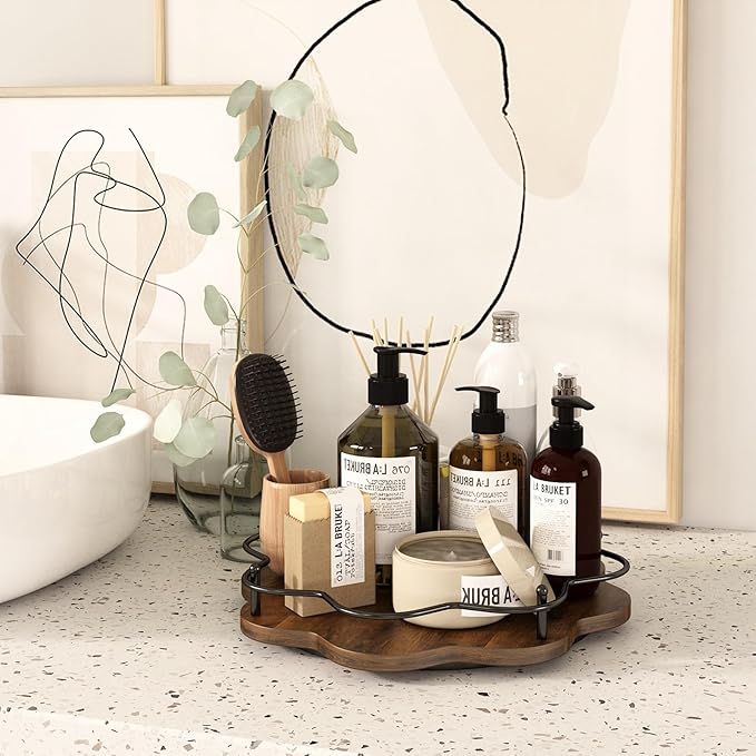 12" Lazy Susan Turntable Organizer,Round Wooden Lazy Susan Organization and Rotating Spice Rack for Dining Table,Pantry,Kitchen Countertop,Vanity,Cupboard and More.Vintage Wood(Petal Shape)-HomvellaHome