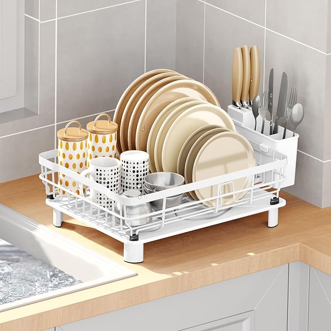 GAXmi Dish Drying Rack Over The Sink Dish Drainer with Drainboard Utensil Holder, 1-Tier White-HomvellaHome