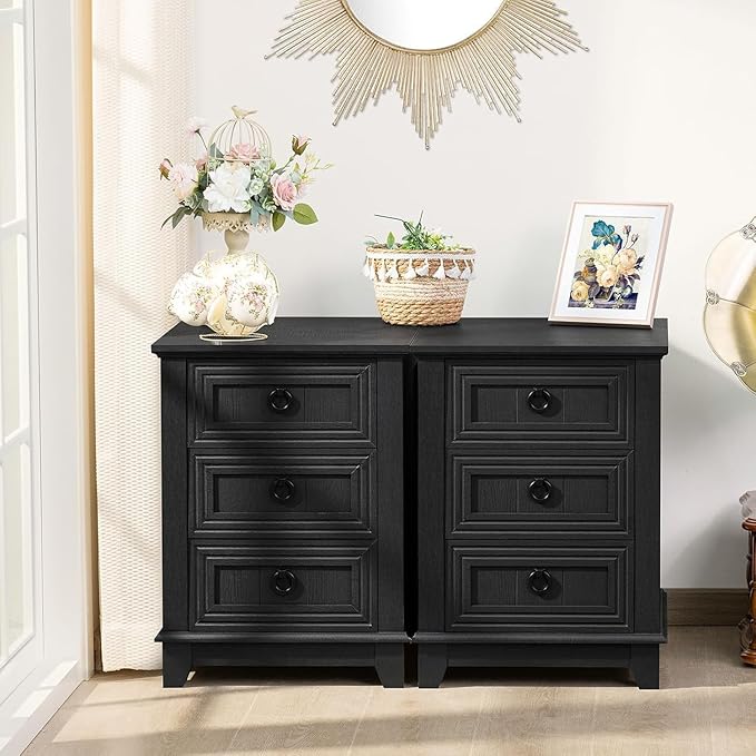 18" Night Stands Set of 2 with Charging Station, Farmhouse 2 & 3 Drawers End Table Dresser for Bedroom, Black Wooden Nightstand, Bed Side Table with Open Shelf, Bedside Cabinet for Living Room-HomvellaHome