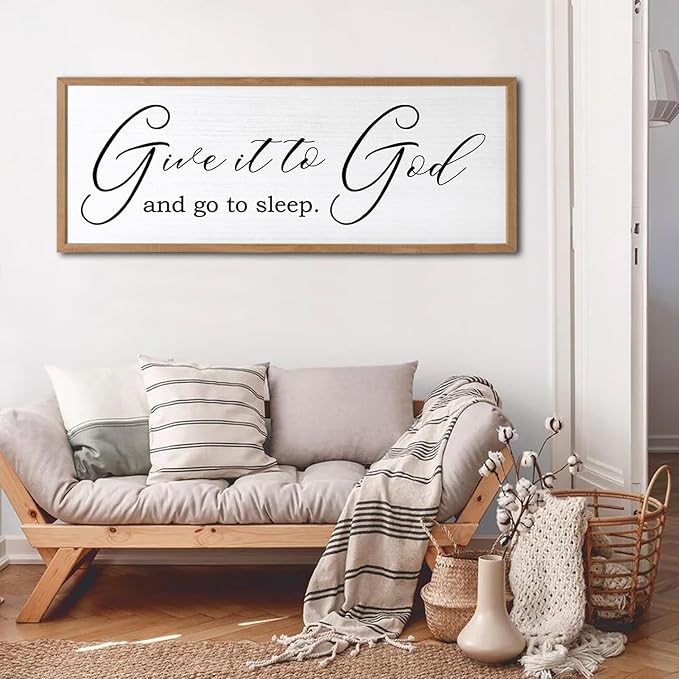 Give It To God And Go To Sleep Sign Wall Decor 40x15 Inch Large Farmhouse Master Bedroom Above Bed Hanging Wall Art Rustic Guest Room Wood Framed Over Bed Wall Decoration (Wood White)-HomvellaHome