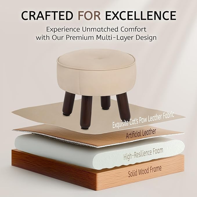 13in Small Foot Stool Ottoman, Round Faux Leather Foot Rest for Couch, Under Desk Pouf Footstool Footrest with Non-Skid Rubber Legs for Ling Room, Bedroom, 13''L x 13''W x 10.2''H, Beige-HomvellaHome