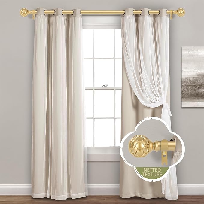 Gold Adjustable Curtain Rods for Windows:18-60 Inch Farmhouse Heavy Duty Curtain Rod for Bedroom Living Room,Boho Decorative Rustic Drapery Rods with Vintage Coastal Texture Finial,Brass Gold-HomvellaHome