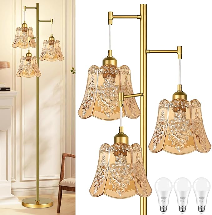Gold Floor Lamp for Living Room,Bedroom,Tree 3 Light Standing Lamp Mid Century Modern Brass Tall Floor Lamps Vintage Retro Floor Lights Glass Green Flower Lamp Shade Farmhouse Boho Bohemian-HomvellaHome