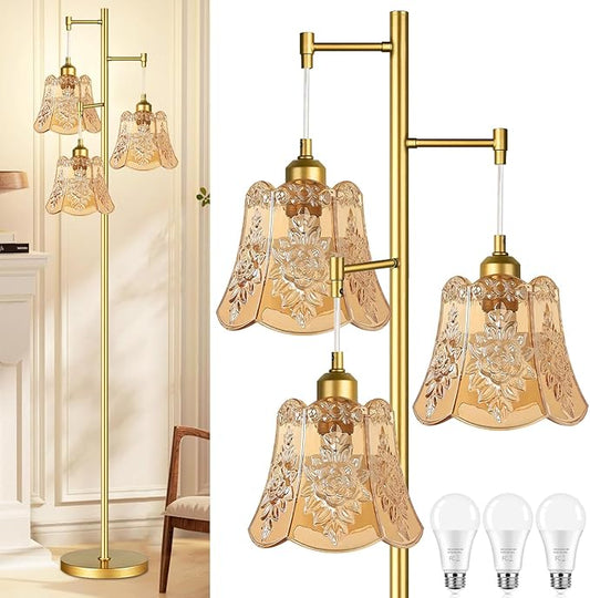Gold Floor Lamp for Living Room,Bedroom,Tree 3 Light Standing Lamp Mid Century Modern Brass Tall Floor Lamps Vintage Retro Floor Lights Glass Green Flower Lamp Shade Farmhouse Boho Bohemian-HomvellaHome