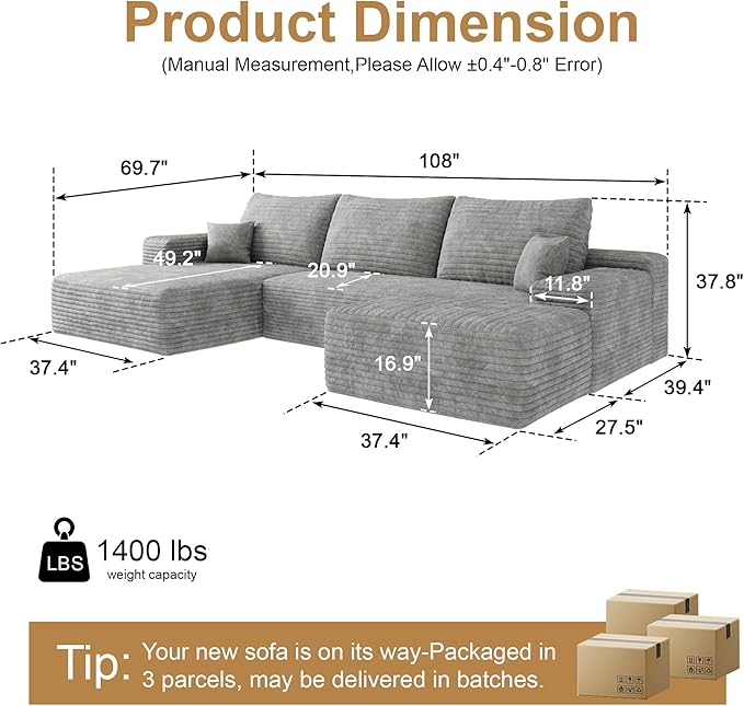 108" Sectional Couches for Living Room Modern Modular Sofa with L-Shape Couchs Upholstered Boneless Couch Deep Seat Sectional Couch with Chaise (Grey, Left Facing Chaise+2Seaters+1Ottoman)-HomvellaHome