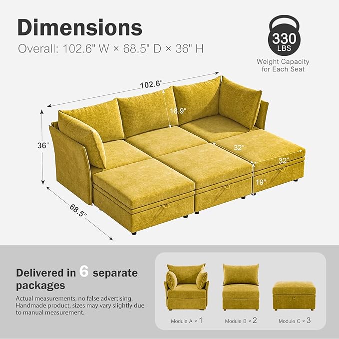 102.6" Luxury Modular Sleeper Sofa Bed 6 Seat Reversible Sectional Couch Deep Seat with Storage Chaises Removable Cover for Living Room, Apartment - Chenille Yellow-HomvellaHome