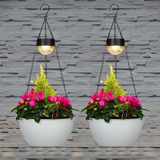 2 Packs Solar Hanging Basket Planters for Plants Outdoor, Self Watering White Flower Plants Pots with Solar Light Drainer for Balcony Patio Garden Outdoor Decoration-HomvellaHome