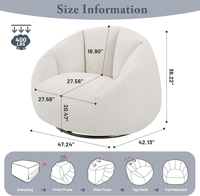 Giant Bean Bag Swivel Chair for Adults - Comfy Plush Round Shell Soft Accent Chair, Oversized Cozy Floor Sofa for Living Room, Bedroom & Game Rooms, Beige-HomvellaHome