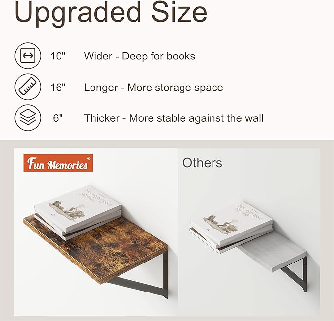 10 Inch Deep Floating Shelves, Floating Shelf 16 Inch Long, 16"W x 10"D Wall Shelves Set of 2, Deep Shelf for Books, Wide Floating Shelves for Bahtoom, Living Room, Kitchen, Rustic Brown-HomvellaHome