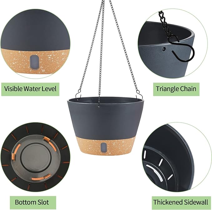 2 Pack Hanging Planters for Indoor Outdoor Plants, 10 Inch Hanging Flower Pot Basket with Drainage Hole with Removable Tray&Hooks Self Watering Plant Pot for Hanging Plants, Dark Grey-HomvellaHome