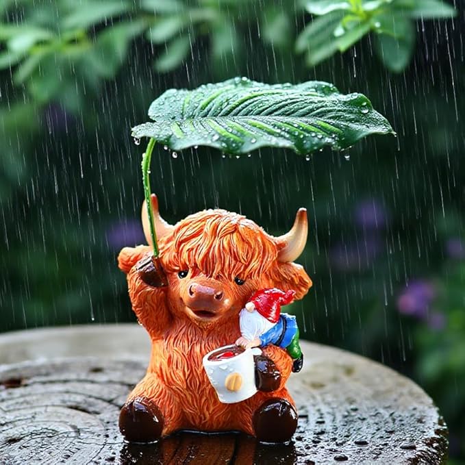 Garden Gnome with Highland Cattle 6.5“ Figurine Ornament for Indoor Outdoor Home Patio Yard Lawn, Red Hat, Blue Outfit, Indoor Outdoor Decorative Statue-HomvellaHome