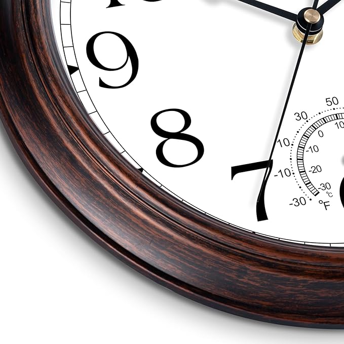 10 Inch Outdoor Wall Clock with Thermometers, Vintage Silent Wall Clocks Battery Operated, Retro Non-Ticking Clock Decorative for Living Room, Patio, Kitchen, Office, Bathroom, Bedroom(Bronze)-HomvellaHome