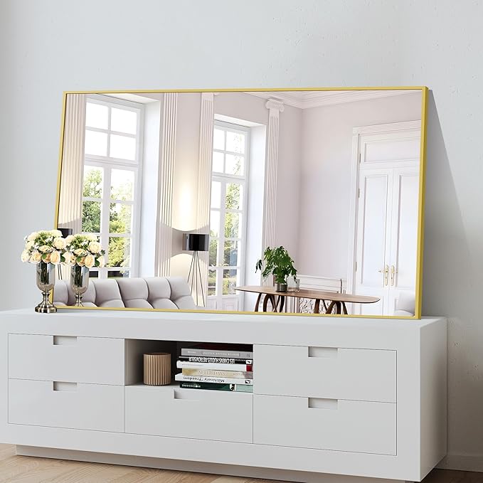 Gold Bathroom Mirror for Wall, 60x36 Inch Rectangle Mirrors with Metal Frame, Modern Vanity Wall Mirror Decor for Bathroom Living Room, Entryway Hangs Horizontal or Vertical-HomvellaHome