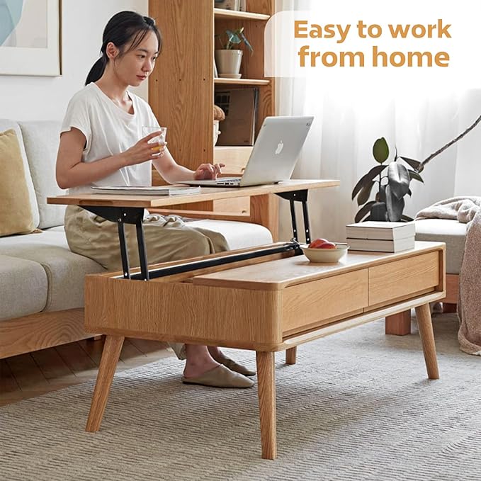 100% Solid Wood Lift Top Coffee Table for Living Room, Mid Century Modern Tables with Drawers and Large Storage, Oak Coffee Tables for Small Spaces (Oak Wood Log, 47.24" W x 23.62" D x 25.59" H)-HomvellaHome