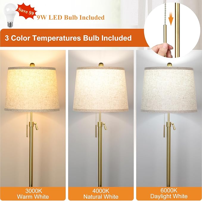 Gold Floor Lamp for Living Room 55-65" Adjustable Modern Brass Standing Lamp with Pull Chain Tall Pole Light with Beige Shade for Bedroom Reading Office Corner Nursery 9W LED Bulb Included 3 ColorTemp-HomvellaHome