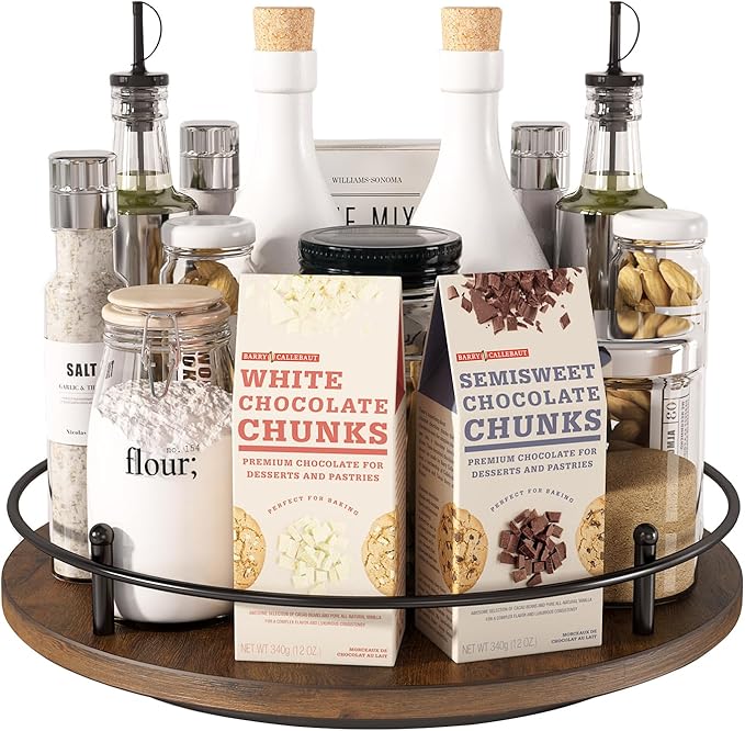 12" Lazy Susan Turntable Organizer,Round Wooden Lazy Susan Organization and Rotating Spice Rack for Dining Table,Pantry,Kitchen Countertop,Vanity,Cupboard and More.Vintage Wood(Round)-HomvellaHome