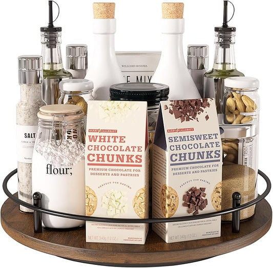 12" Lazy Susan Turntable Organizer,Round Wooden Lazy Susan Organization and Rotating Spice Rack for Dining Table,Pantry,Kitchen Countertop,Vanity,Cupboard and More.Vintage Wood(Round)-HomvellaHome